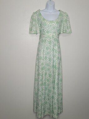 Vintage 70s white green red flower print tie back maxi cottage cute dress